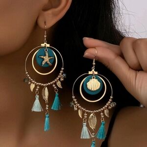 Hand Crafted Gold and Blue Chandelier Earrings with Tassels